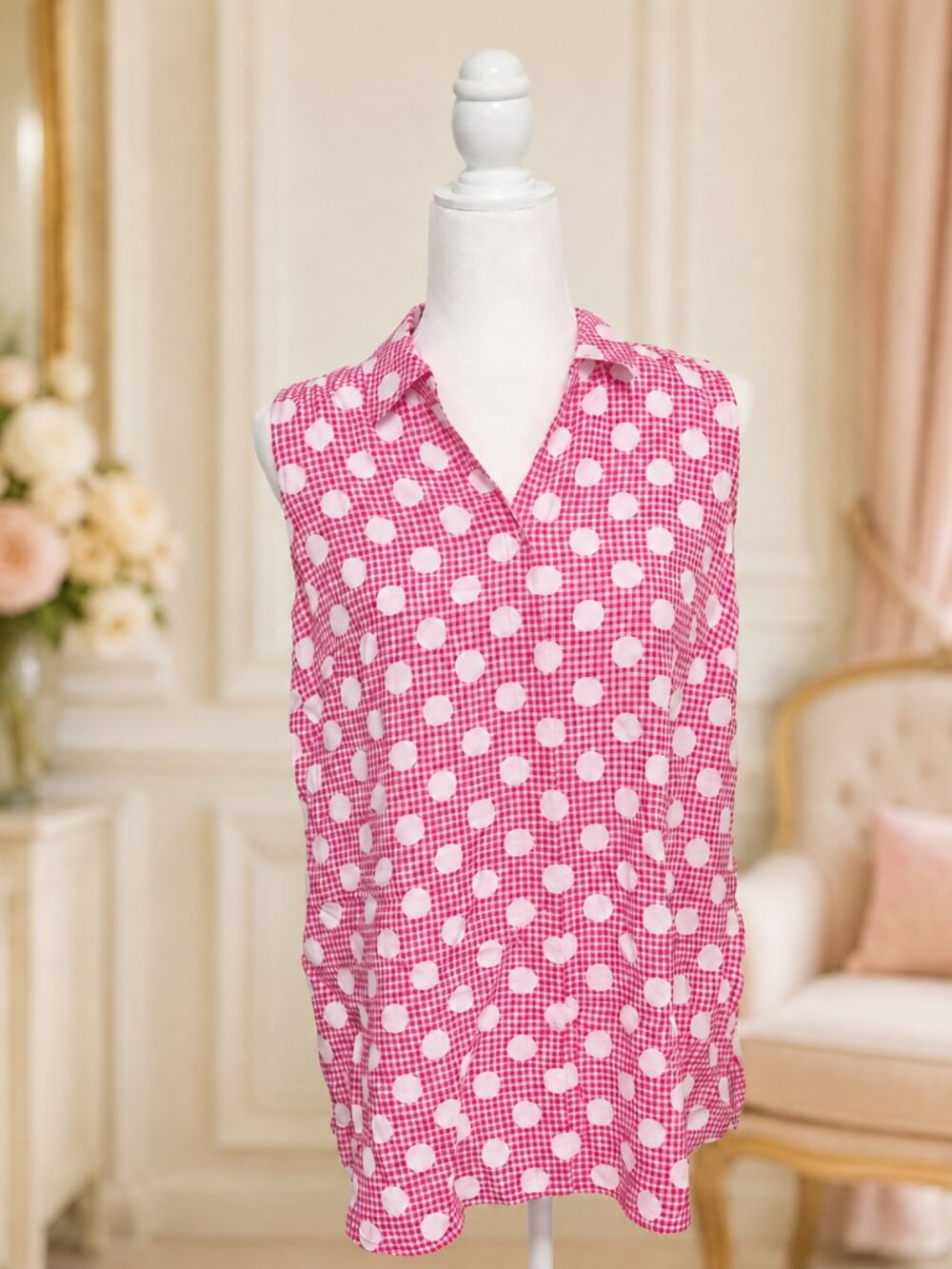 Susan Graver Sleeveless Button-Front Top – Red & White Polka Dot | Size Medium